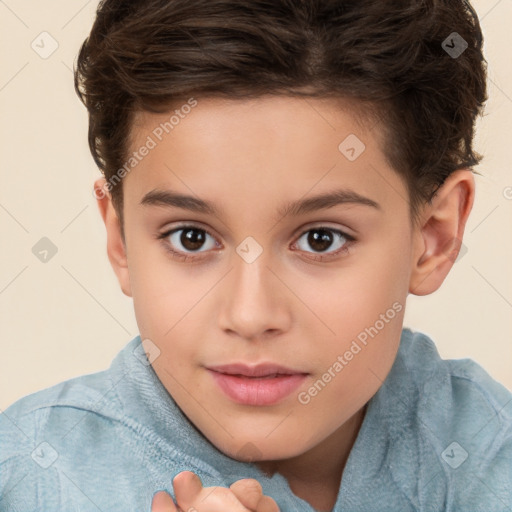 Joyful white child female with short  brown hair and brown eyes