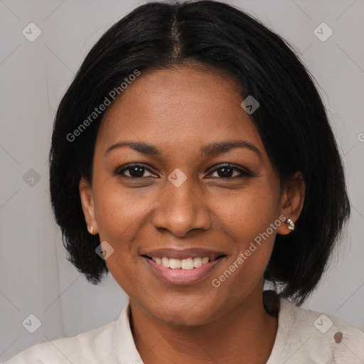 Joyful black young-adult female with medium  black hair and brown eyes