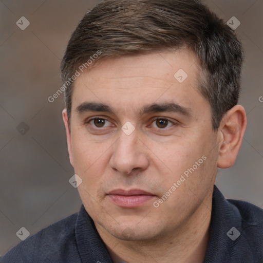 Neutral white adult male with short  brown hair and brown eyes