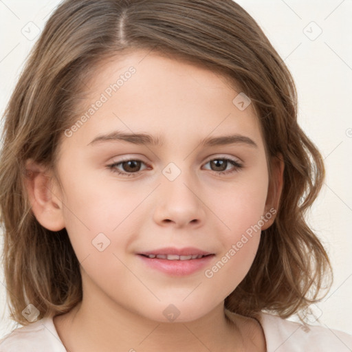 Joyful white child female with medium  brown hair and brown eyes