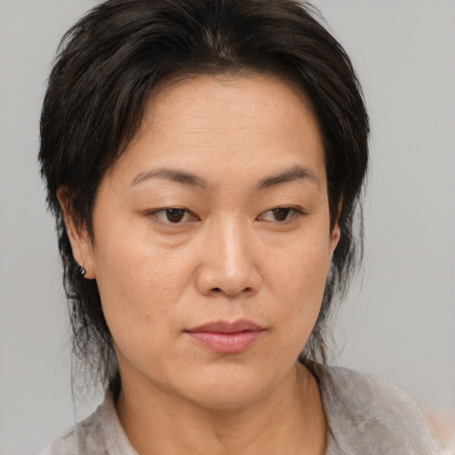 Neutral asian adult female with medium  brown hair and brown eyes