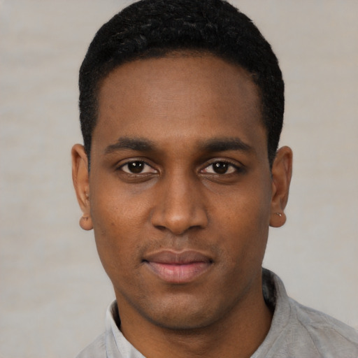 Neutral black young-adult male with short  black hair and brown eyes