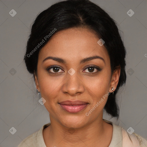 Joyful black young-adult female with medium  black hair and brown eyes