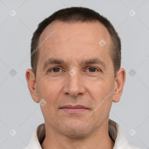 Neutral white adult male with short  brown hair and brown eyes