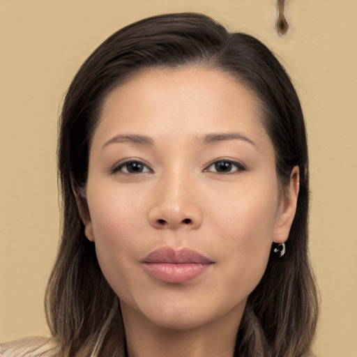Neutral asian young-adult female with long  brown hair and brown eyes