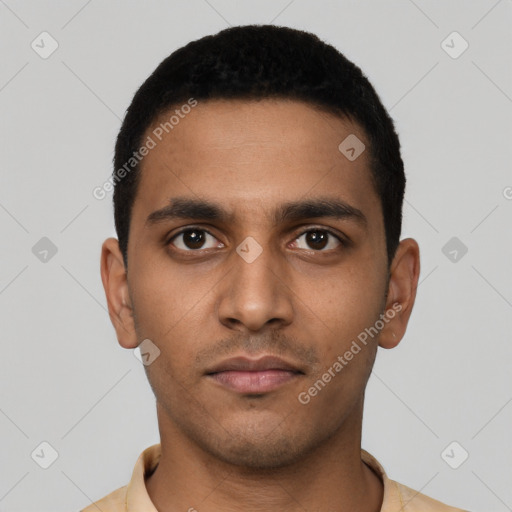 Neutral latino young-adult male with short  black hair and brown eyes