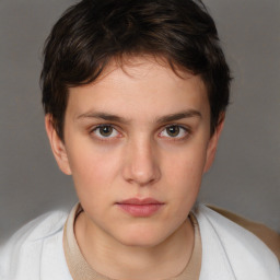 Neutral white young-adult female with short  brown hair and brown eyes