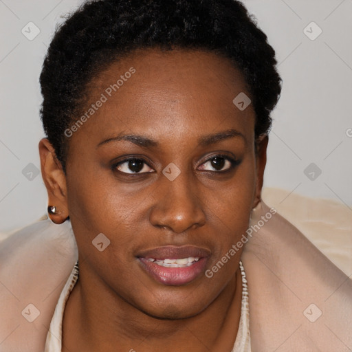 Joyful black young-adult female with short  brown hair and brown eyes