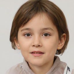 Joyful white child female with medium  brown hair and brown eyes