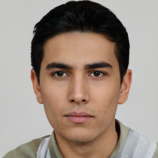 Neutral asian young-adult male with short  black hair and brown eyes