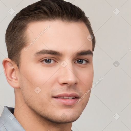 Neutral white young-adult male with short  brown hair and brown eyes