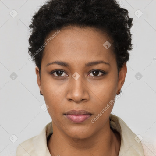 Neutral black young-adult female with short  black hair and brown eyes