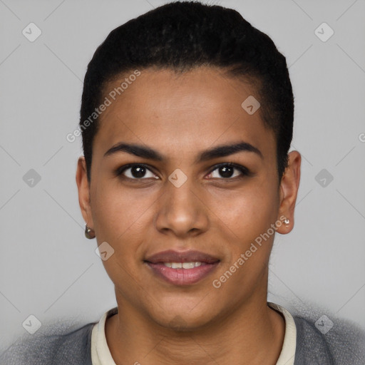 Joyful latino young-adult female with short  black hair and brown eyes