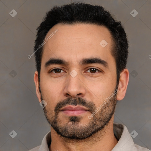 Neutral white young-adult male with short  black hair and brown eyes