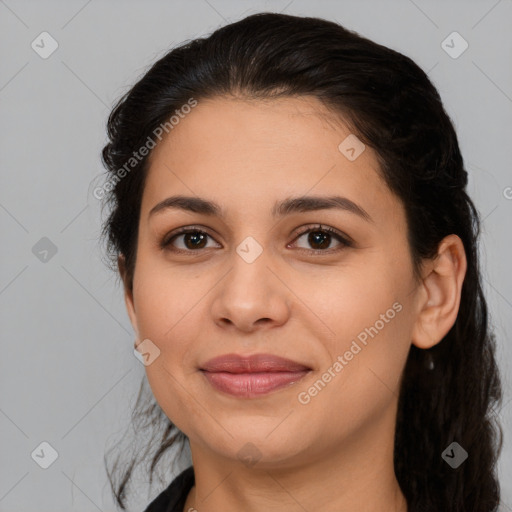 Joyful latino young-adult female with medium  brown hair and brown eyes