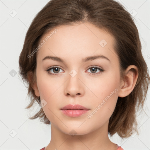 Neutral white young-adult female with medium  brown hair and grey eyes