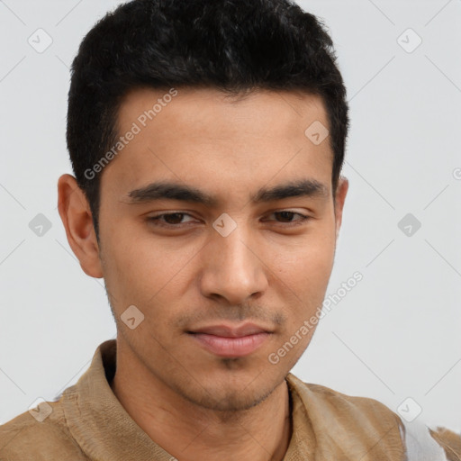 Neutral asian young-adult male with short  brown hair and brown eyes