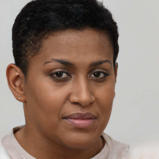 Joyful black young-adult female with short  brown hair and brown eyes