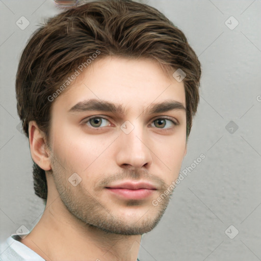 Neutral white young-adult male with short  brown hair and grey eyes