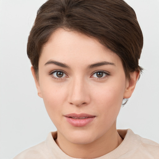 Neutral white young-adult female with short  brown hair and brown eyes