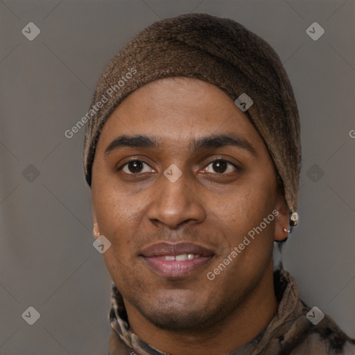 Joyful black young-adult male with short  brown hair and brown eyes