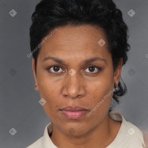 Neutral black adult female with short  brown hair and brown eyes