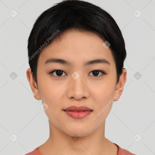 Joyful asian young-adult female with short  black hair and brown eyes