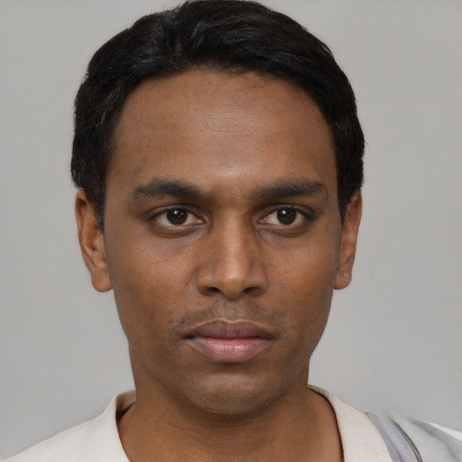 Neutral black young-adult male with short  black hair and brown eyes