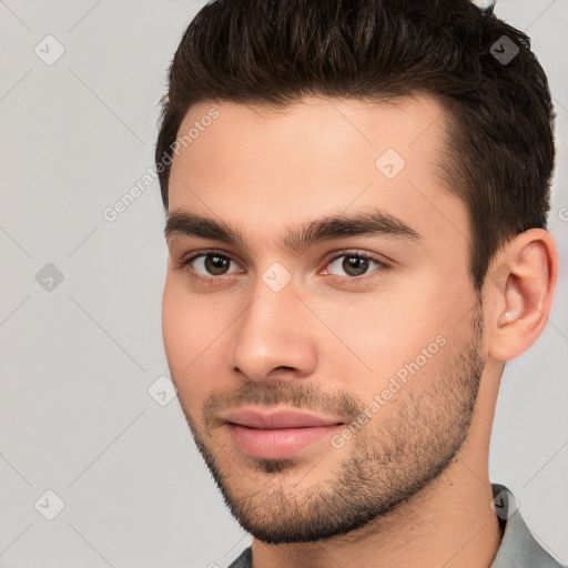 Neutral white young-adult male with short  brown hair and brown eyes