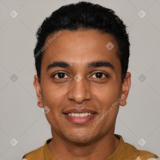 Joyful latino young-adult male with short  black hair and brown eyes