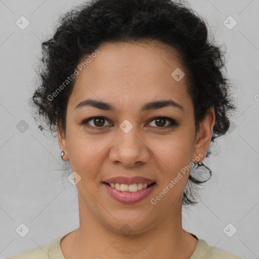 Joyful latino young-adult female with short  brown hair and brown eyes