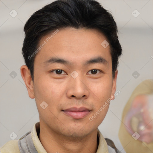 Neutral asian young-adult male with short  brown hair and brown eyes