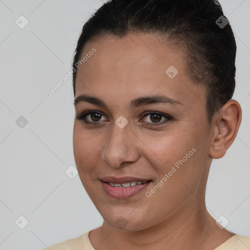 Joyful white young-adult female with short  brown hair and brown eyes