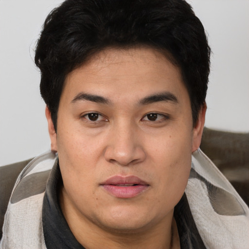Joyful asian young-adult male with short  brown hair and brown eyes