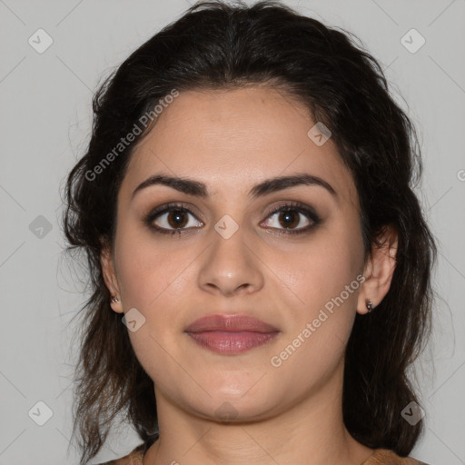 Joyful white young-adult female with medium  brown hair and brown eyes