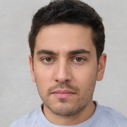 Neutral white young-adult male with short  brown hair and brown eyes