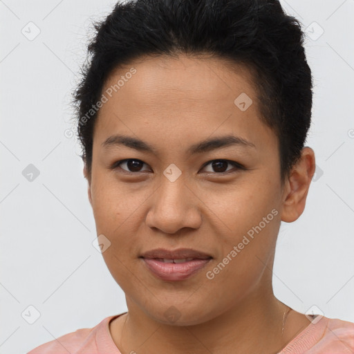 Joyful asian young-adult female with short  brown hair and brown eyes