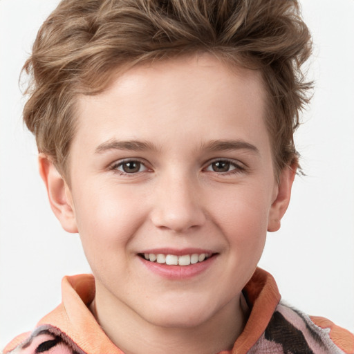 Joyful white child female with short  brown hair and grey eyes