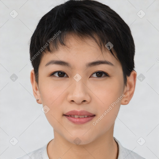 Joyful asian young-adult female with short  black hair and brown eyes