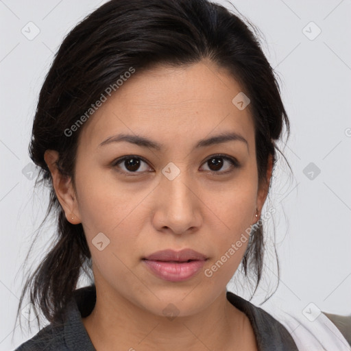 Neutral white young-adult female with medium  brown hair and brown eyes