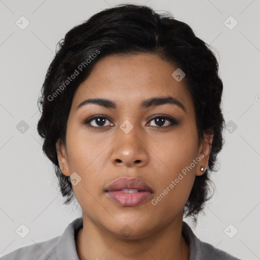 Neutral latino young-adult female with short  black hair and brown eyes