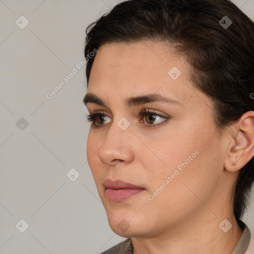 Neutral white young-adult female with medium  brown hair and brown eyes