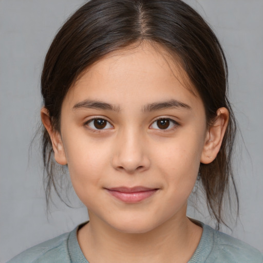 Joyful white child female with medium  brown hair and brown eyes