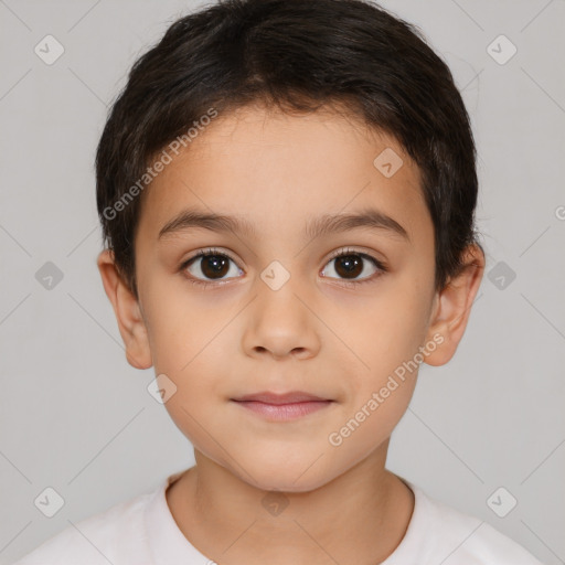 Joyful white child female with short  brown hair and brown eyes