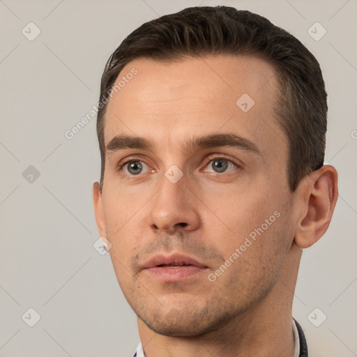 Neutral white adult male with short  brown hair and brown eyes