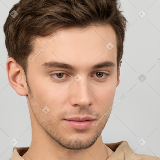 Neutral white young-adult male with short  brown hair and brown eyes