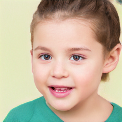 Joyful white child female with short  brown hair and brown eyes