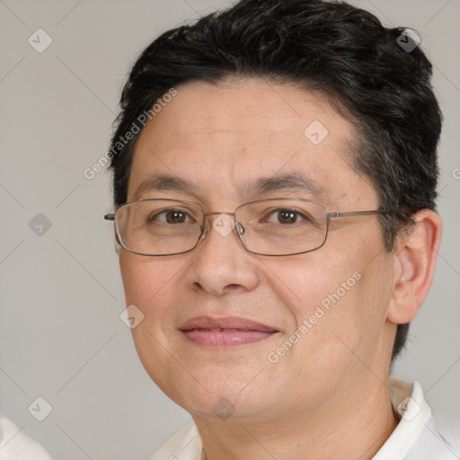 Joyful white adult female with short  brown hair and brown eyes