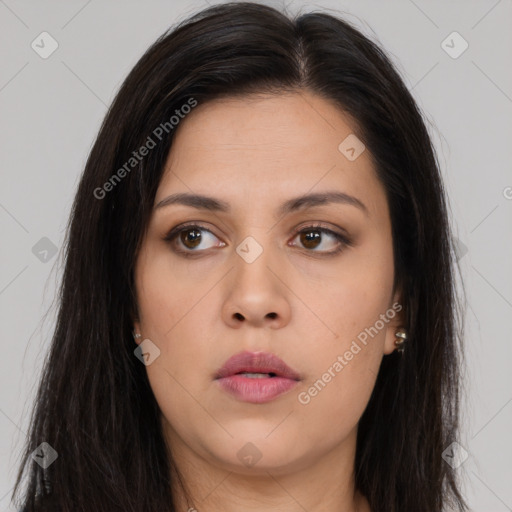 Neutral asian young-adult female with long  brown hair and brown eyes