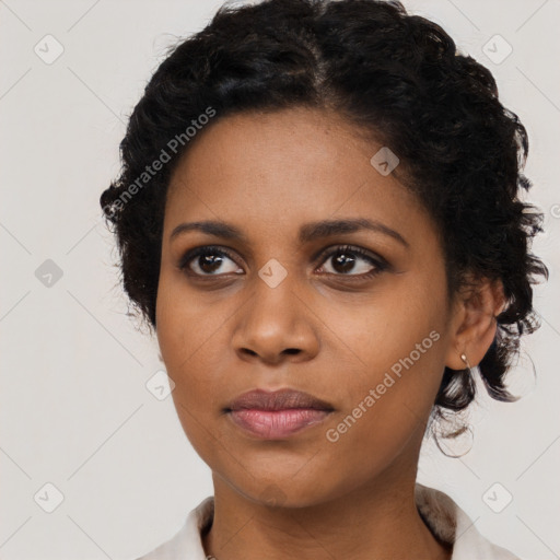 Neutral black young-adult female with short  black hair and brown eyes